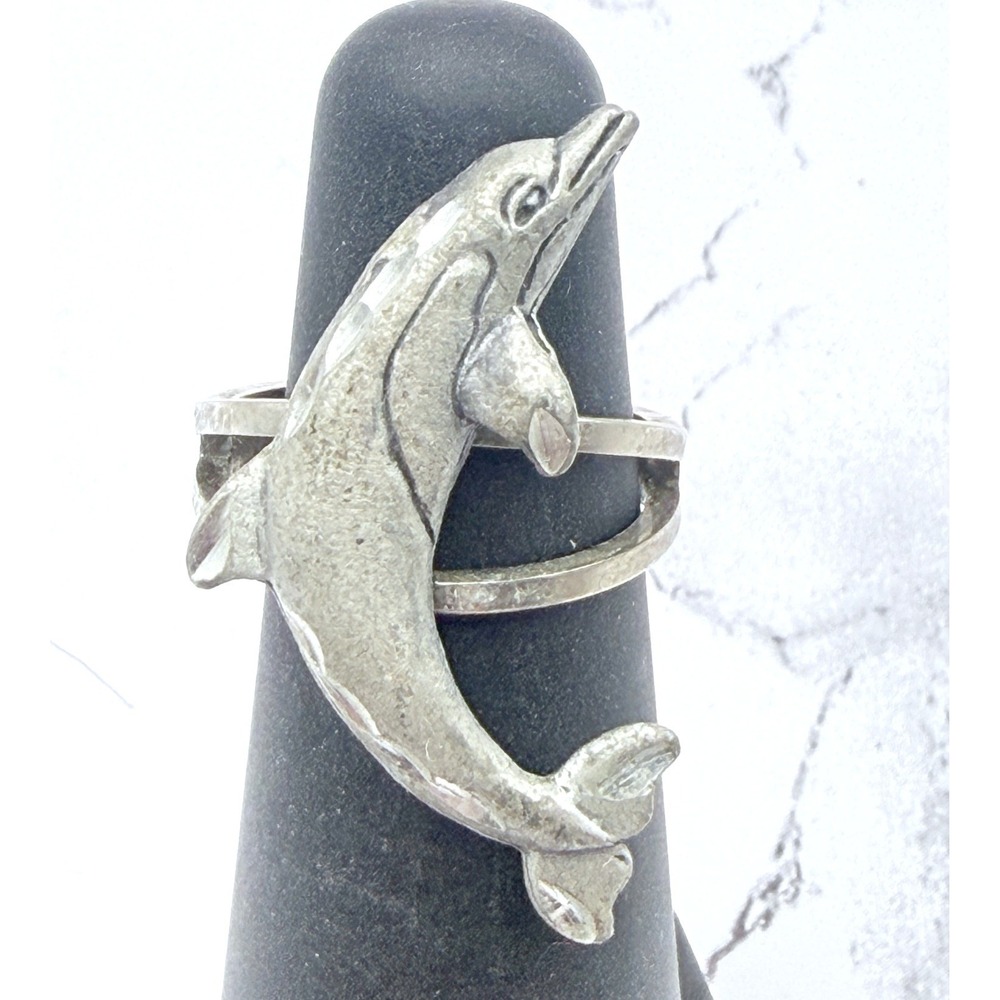 EJC Pewter Dolphin Wrap Ring Silver Tone Size 6 Deadstock Vintage Jewelry